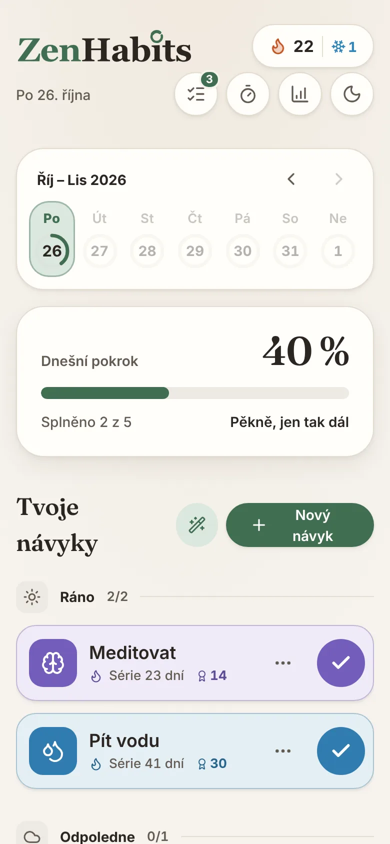 Obrazovka aplikace ZenHabits: Odškrtni a sleduj, jak to roste