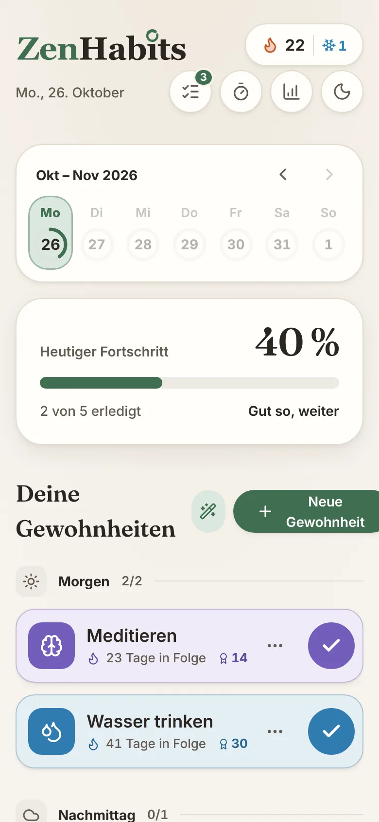 Bildschirm der ZenHabits-App: Abhaken und wachsen sehen