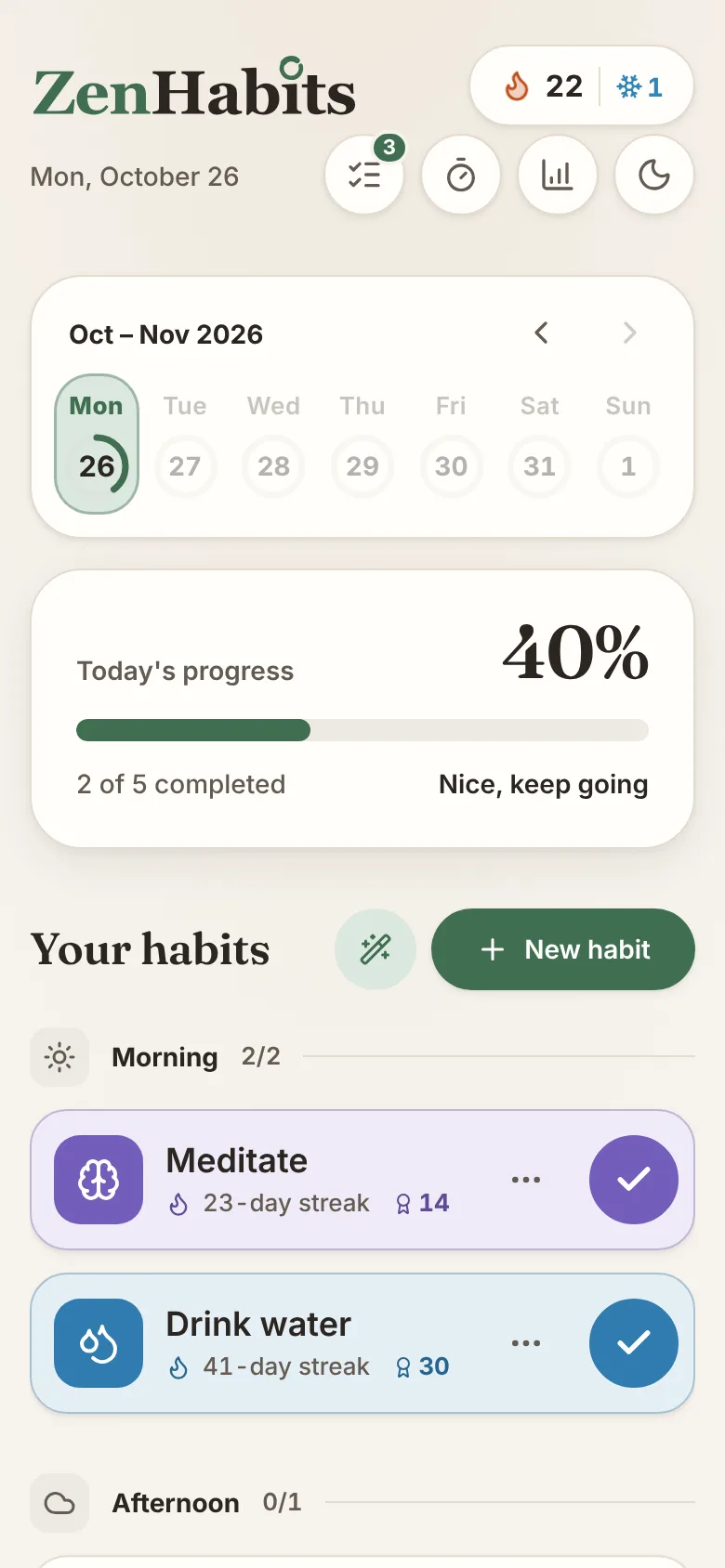 ZenHabits app screen: Tick it off and watch it grow
