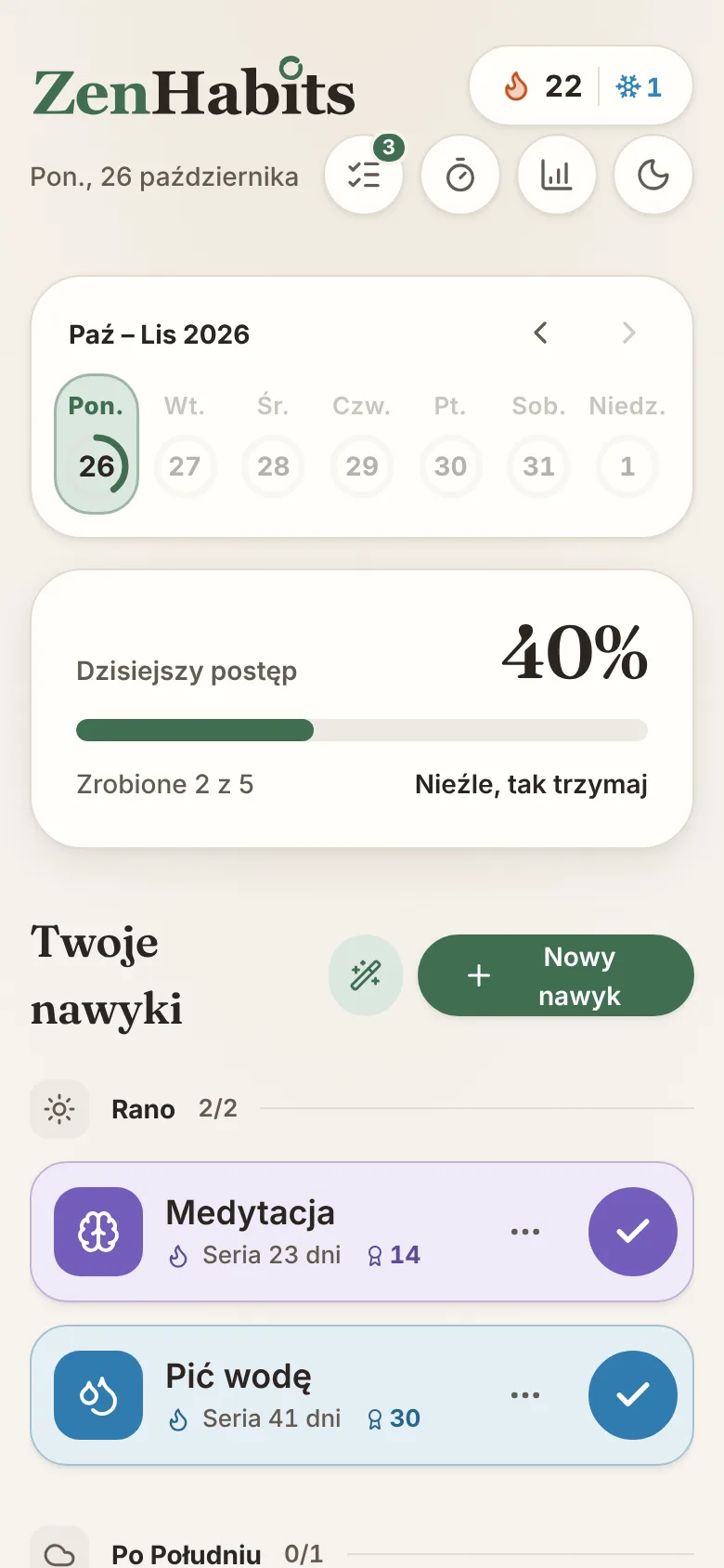 Ekran aplikacji ZenHabits: Odhaczaj i patrz, jak rośnie