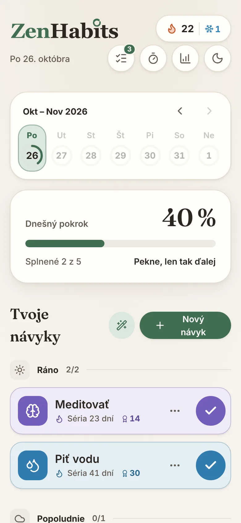 Obrazovka aplikácie ZenHabits: Odškrtni a sleduj, ako to rastie