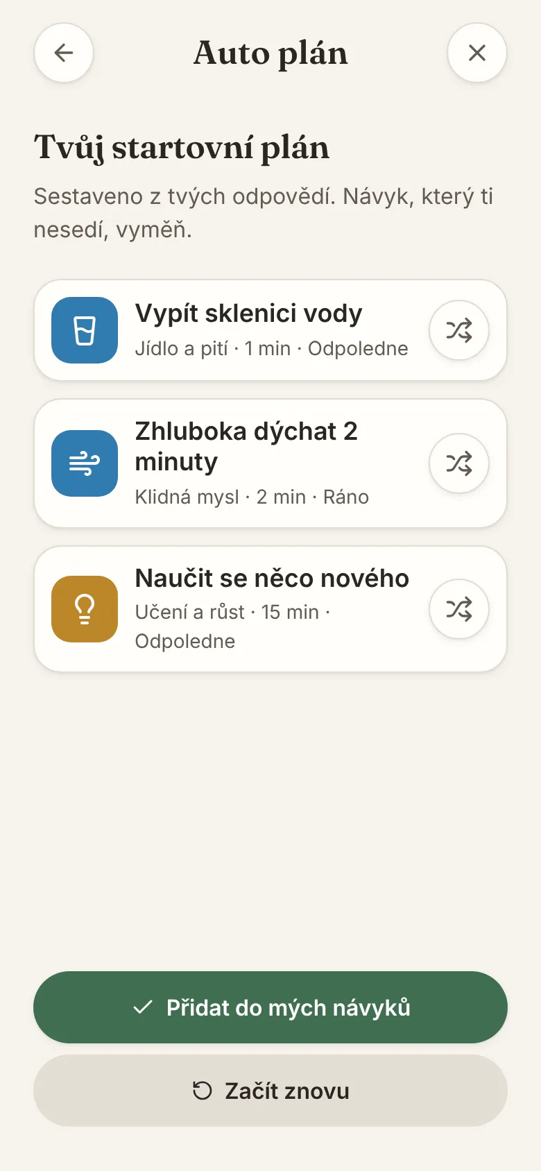 Obrazovka aplikace ZenHabits: Začni za minutu s Auto plánem