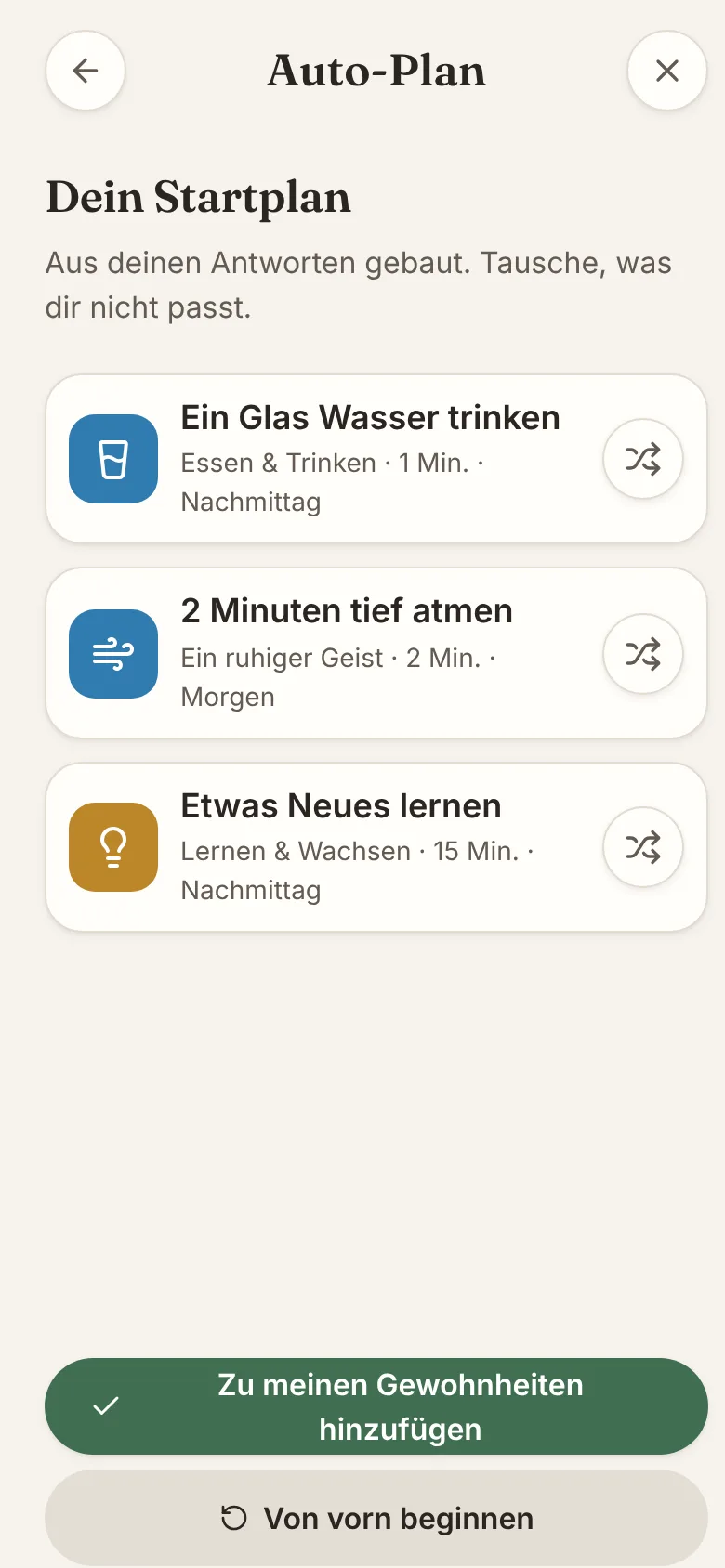 Bildschirm der ZenHabits-App: In einer Minute starten mit dem Auto-Plan