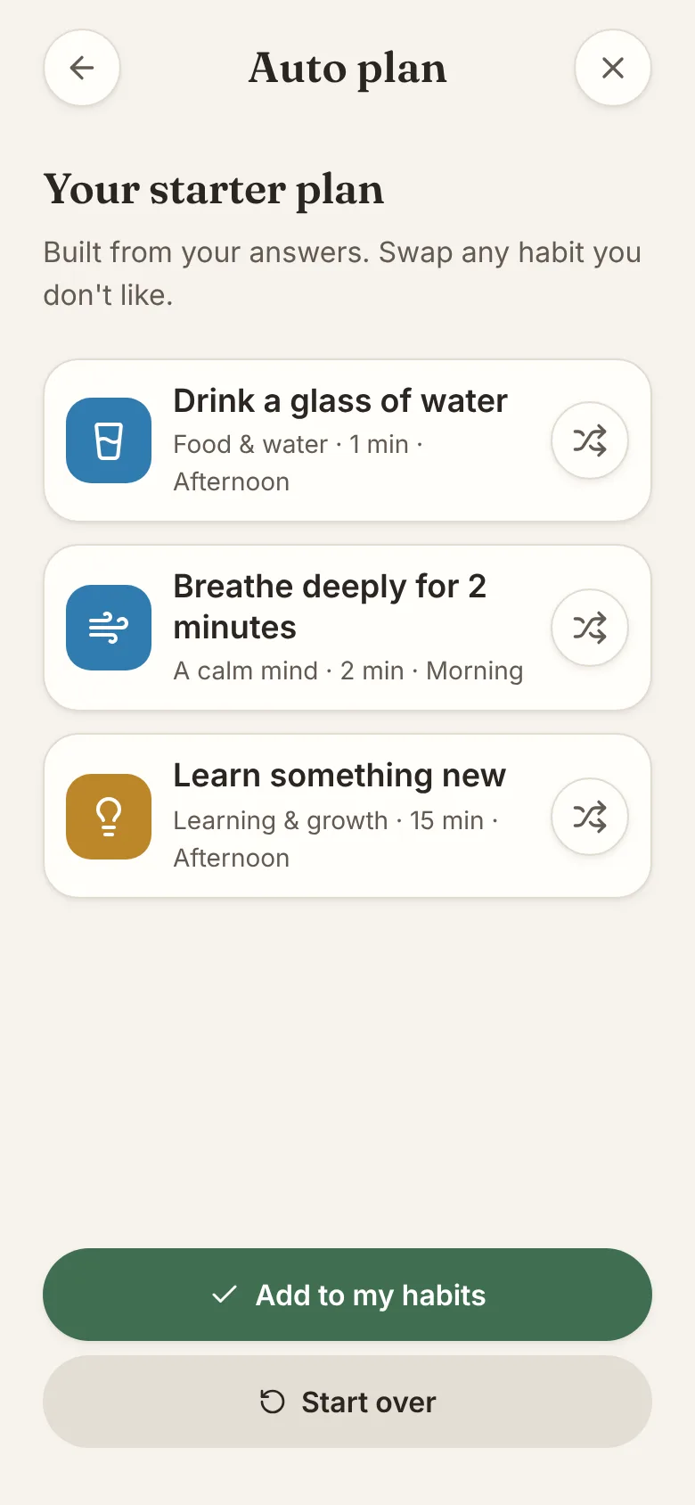 ZenHabits app screen: Start in a minute with Auto plan
