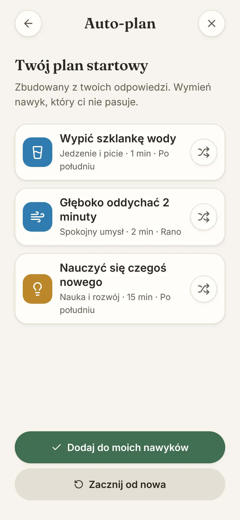 Ekran aplikacji ZenHabits: Zacznij w minutę z Auto-planem