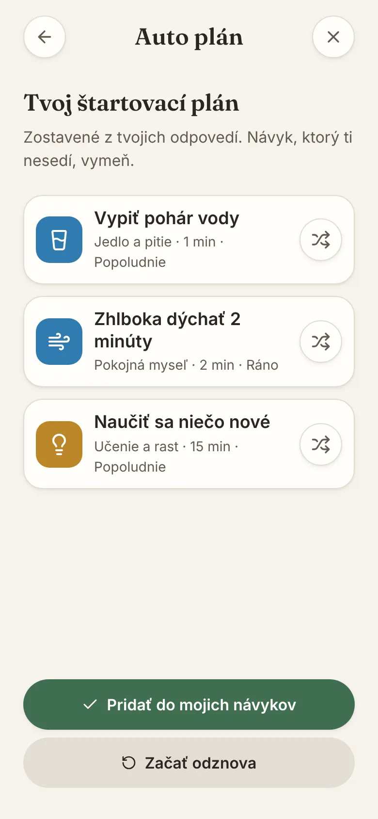 Obrazovka aplikácie ZenHabits: Začni za minútu s Auto plánom