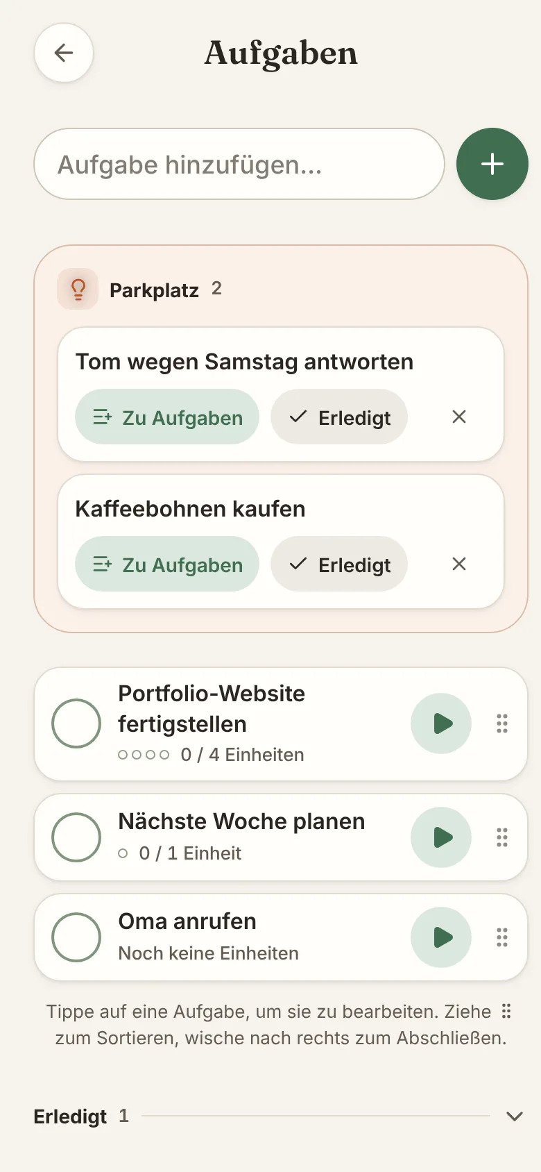 Bildschirm der ZenHabits-App: Aufgaben und geparkte Gedanken