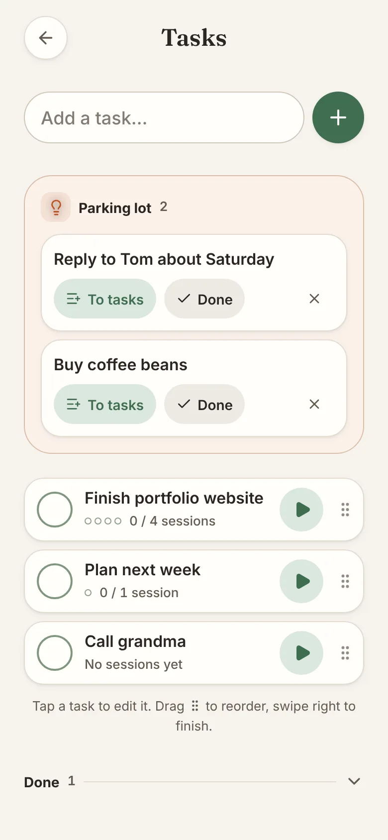 ZenHabits app screen: Tasks and parked thoughts
