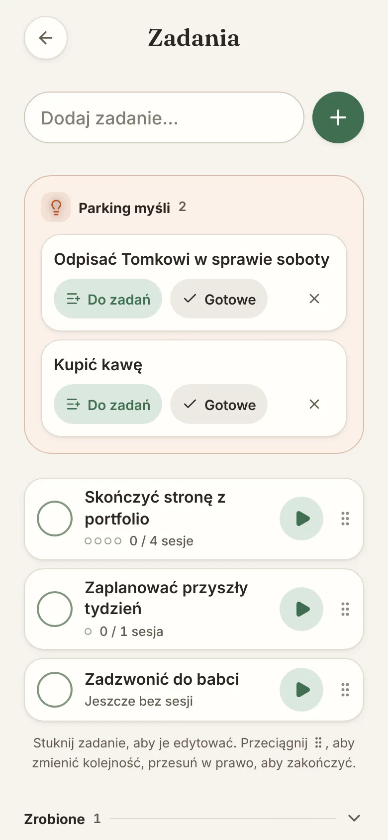Ekran aplikacji ZenHabits: Zadania i odłożone myśli
