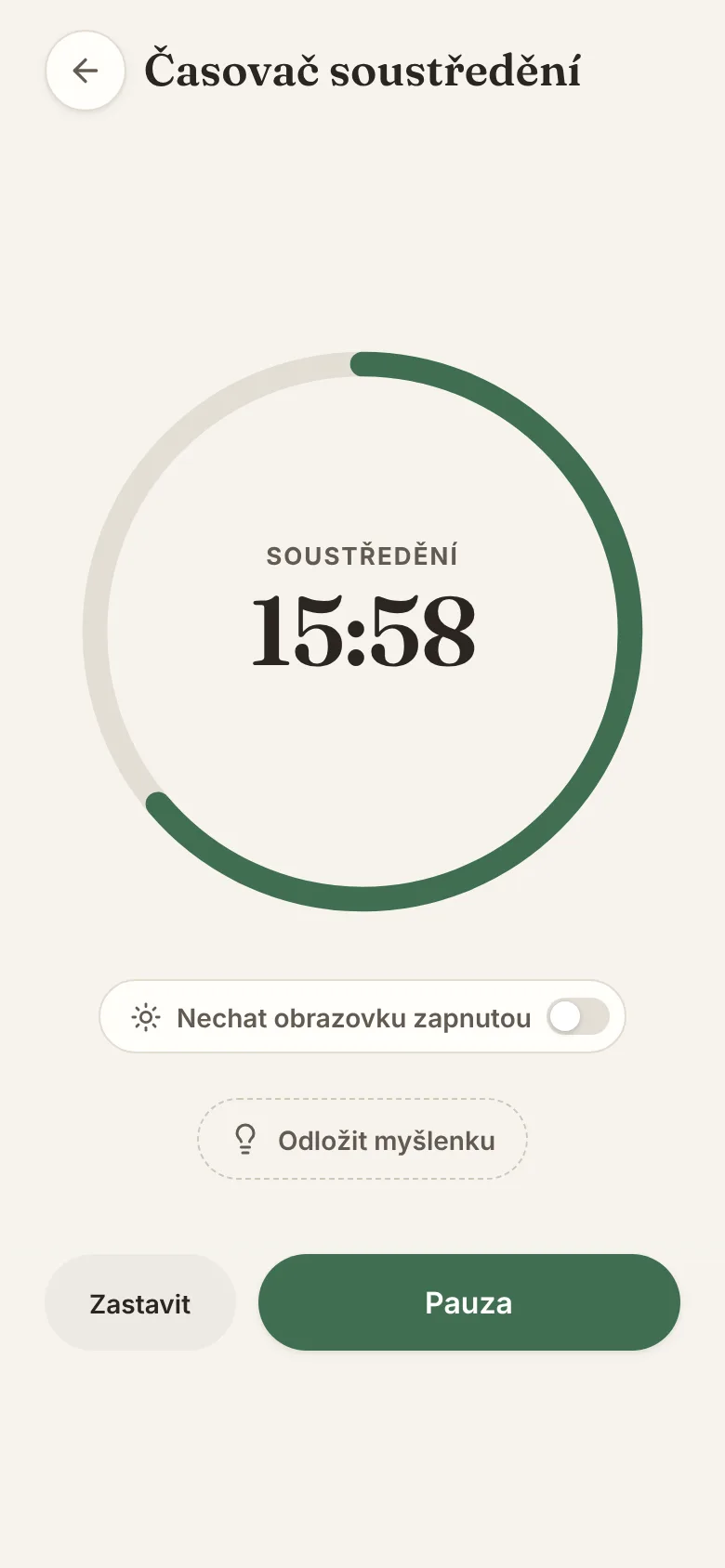 Obrazovka aplikace ZenHabits: Časovač pro hlubokou práci