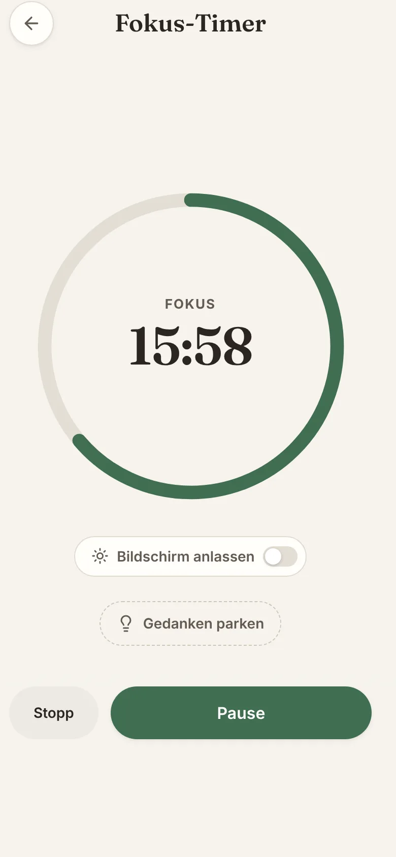 Bildschirm der ZenHabits-App: Ein Fokus-Timer für tiefe Arbeit