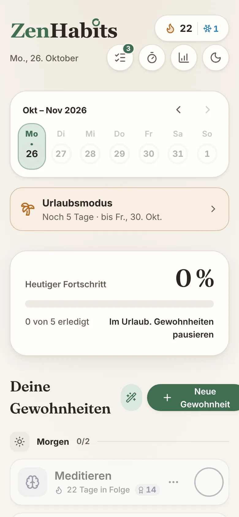 Bildschirm der ZenHabits-App: Urlaubsmodus