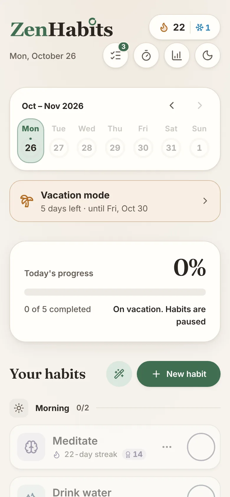 ZenHabits app screen: Vacation mode