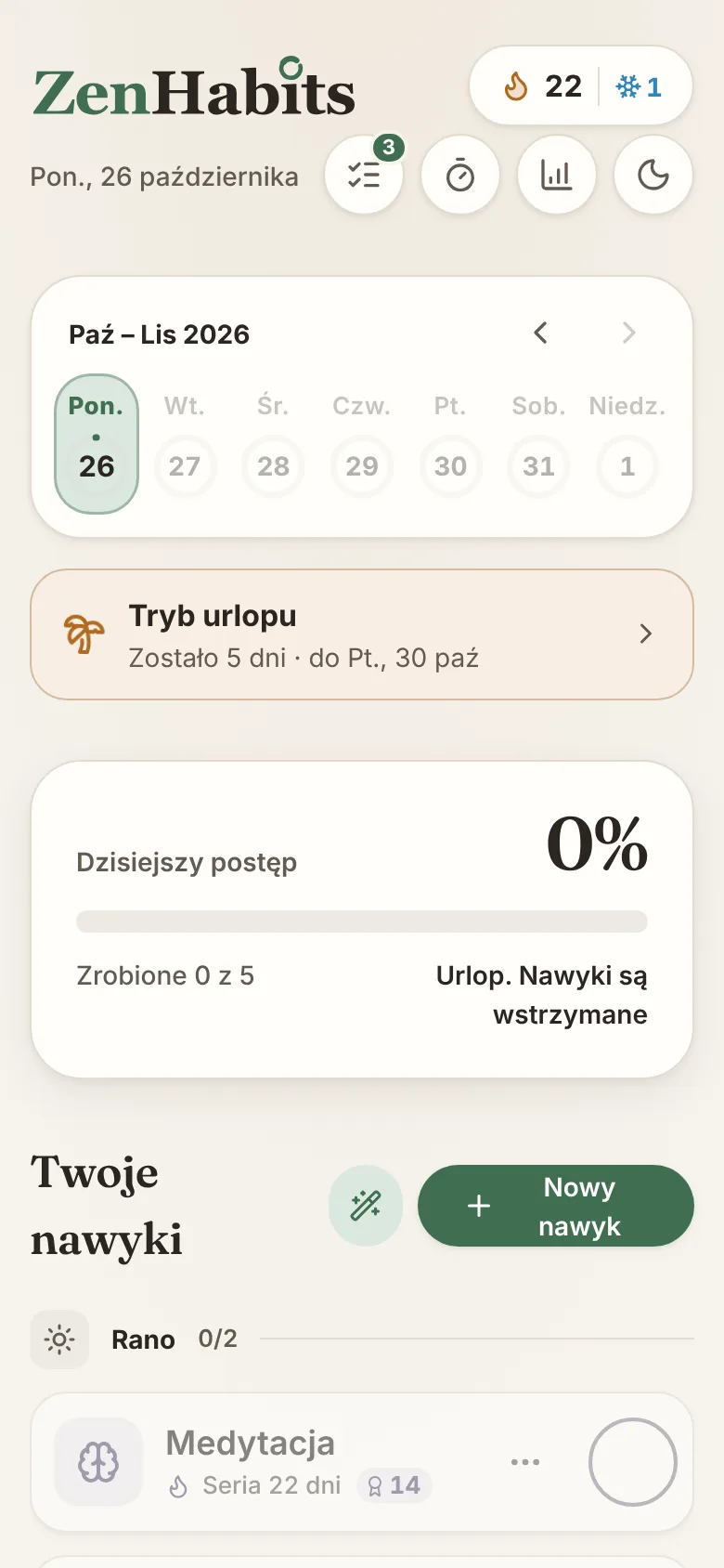Ekran aplikacji ZenHabits: Tryb urlopu